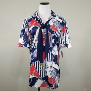 VTG 80s Top Notch Nautical Tie Neck Blouse Shirt Sz 40 20W Navy Red Made in USA